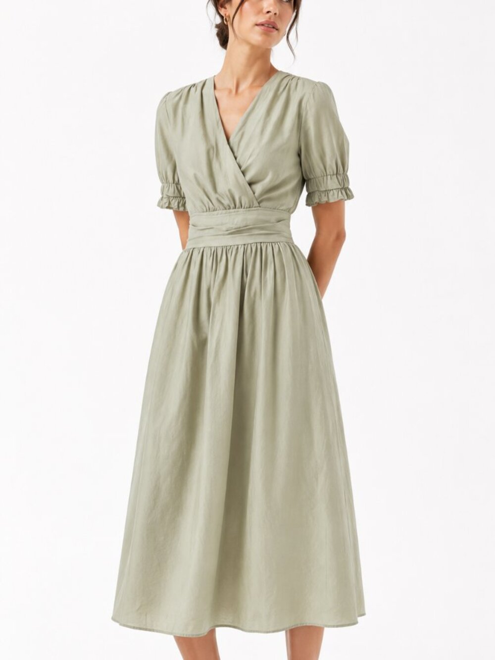SEE U SOON SAGE GREEN SHORT SMOCKED PEASANT SLEEVE SURPLICE MAXI DRESS - XS